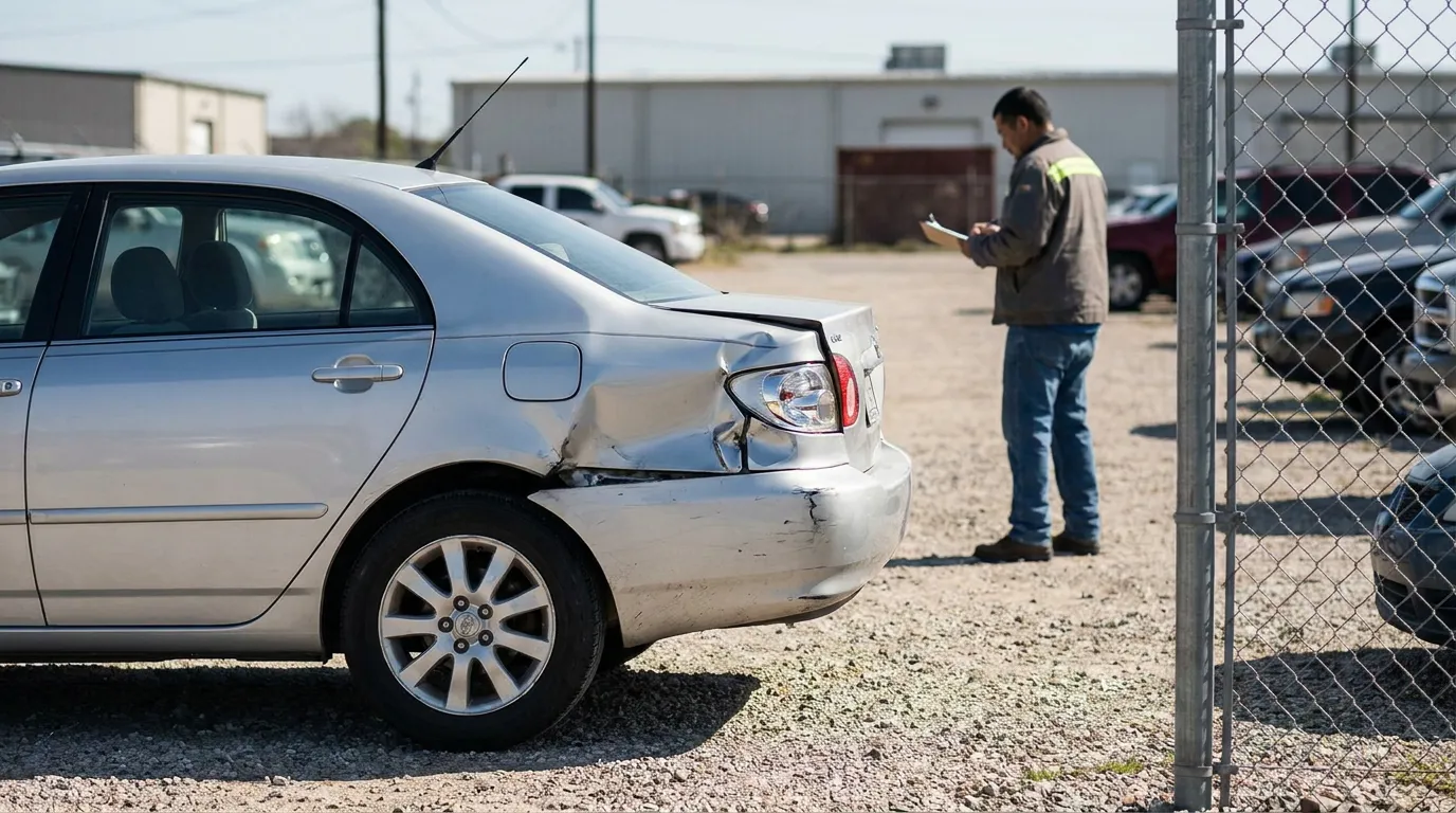 man writing on clipboard inspecting sedan with rear-end collision damage
