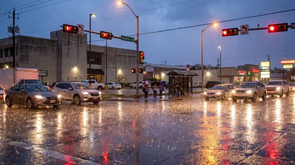 Houston Road intersection with heavy rain, traffic signals, and pedestrians with umbrellas