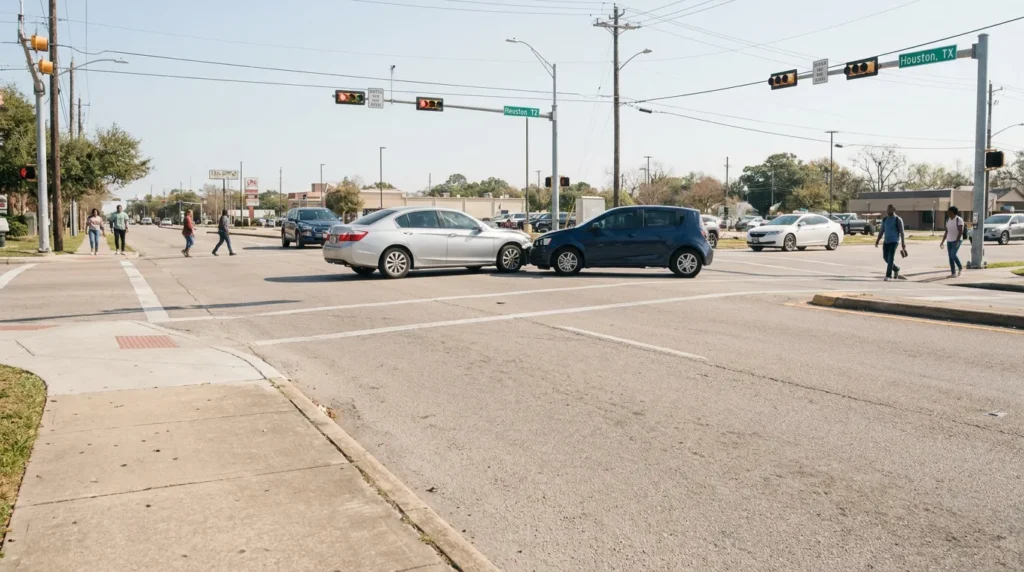 two cars colliding at Houston TX intersection with traffic signals visible