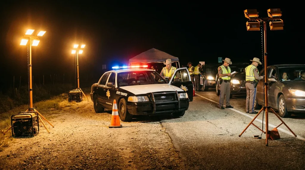 State Trooper patrol car at nighttime DUI checkpoint with officers stopping vehicles
