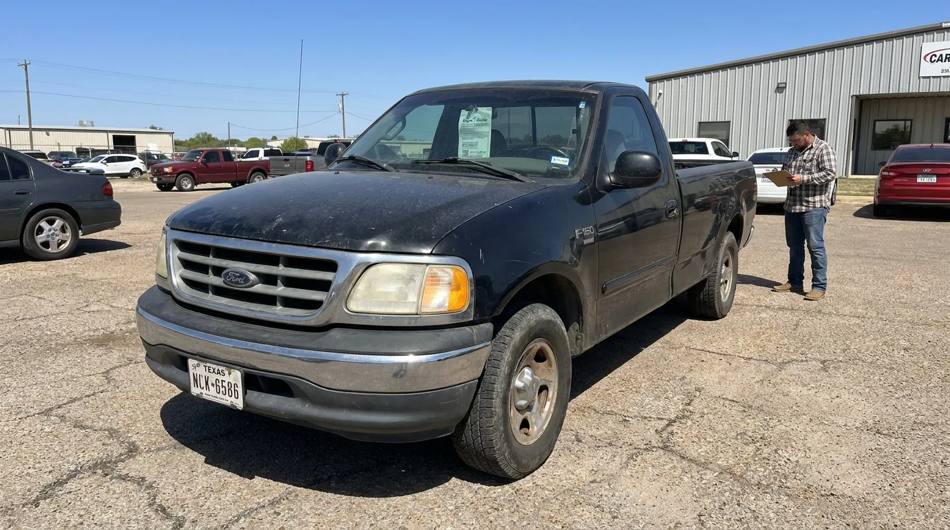 Ford F-150 pickup truck with Texas license plate at vehicle lot
