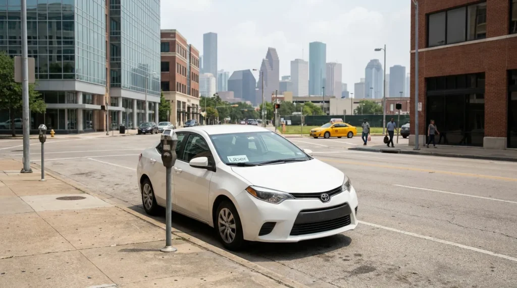 Uber-labeled Toyota sedan parked on urban street with city skyline background