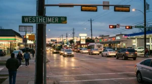 Charlotte Hit and Run Accident Lawyer - Payne Law Firm Westheimer Road street sign at busy Houston intersection with heavy traffic