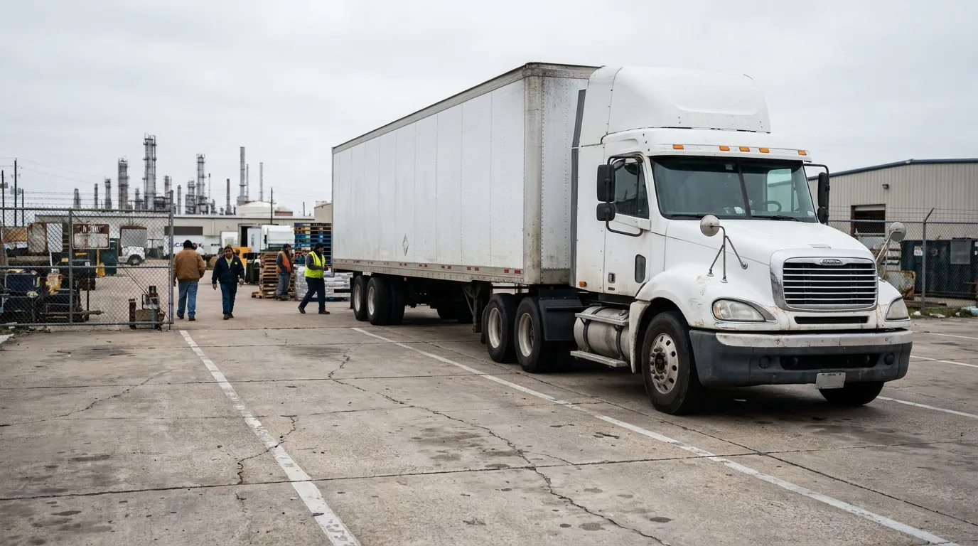 semi-truck parked at industrial facility with workers in safety vests nearby