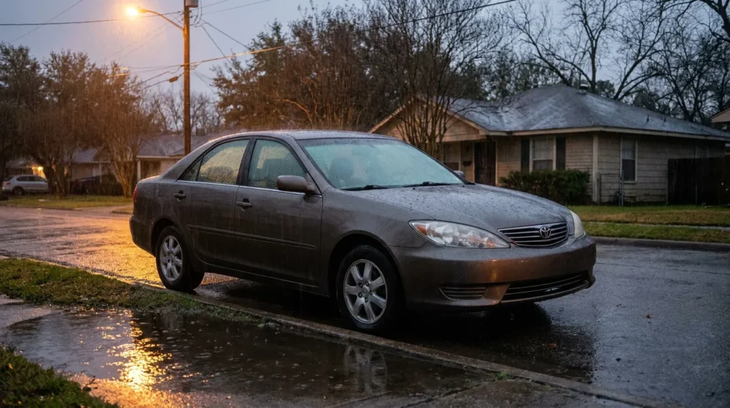 Toyota Camry sedan parked on wet residential street during rainstorm