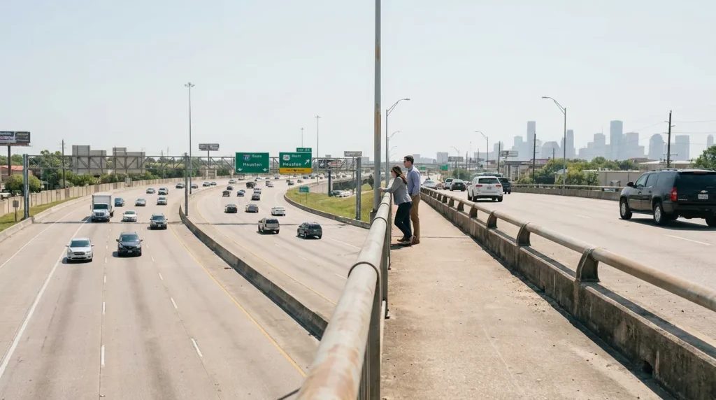 two people standing on Houston highway overpass overlooking busy multi-lane freeway