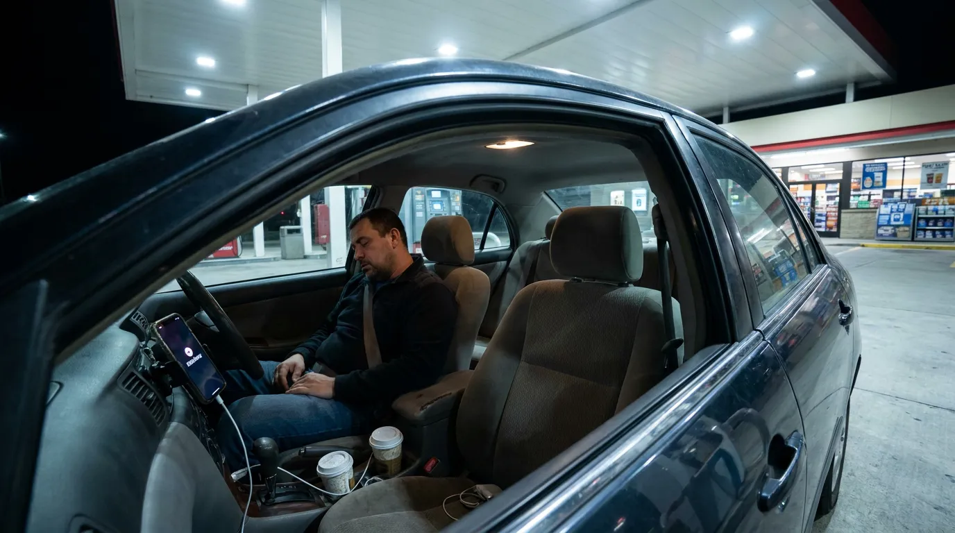 driver asleep at wheel in parked car at gas station at night