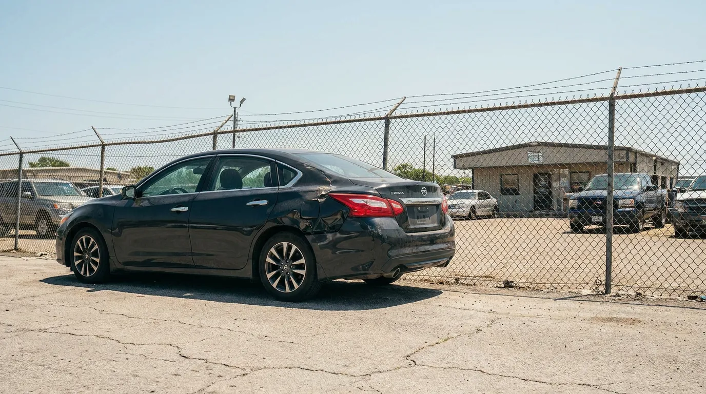 damaged Nissan Altima sedan with crumpled rear quarter panel parked at impound lot