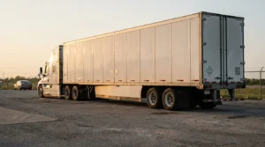 Charlotte Hit and Run Accident Lawyer - Payne Law Firm large semi-truck with enclosed trailer parked in open lot near fence