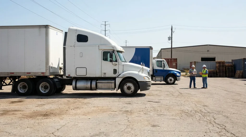 two semi-trucks parked at commercial lot with workers wearing hard hats reviewing documents