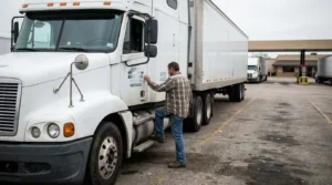 Charlotte Hit and Run Accident Lawyer - Payne Law Firm truck driver climbing into cab of Houston-based commercial semi-truck at freight facility