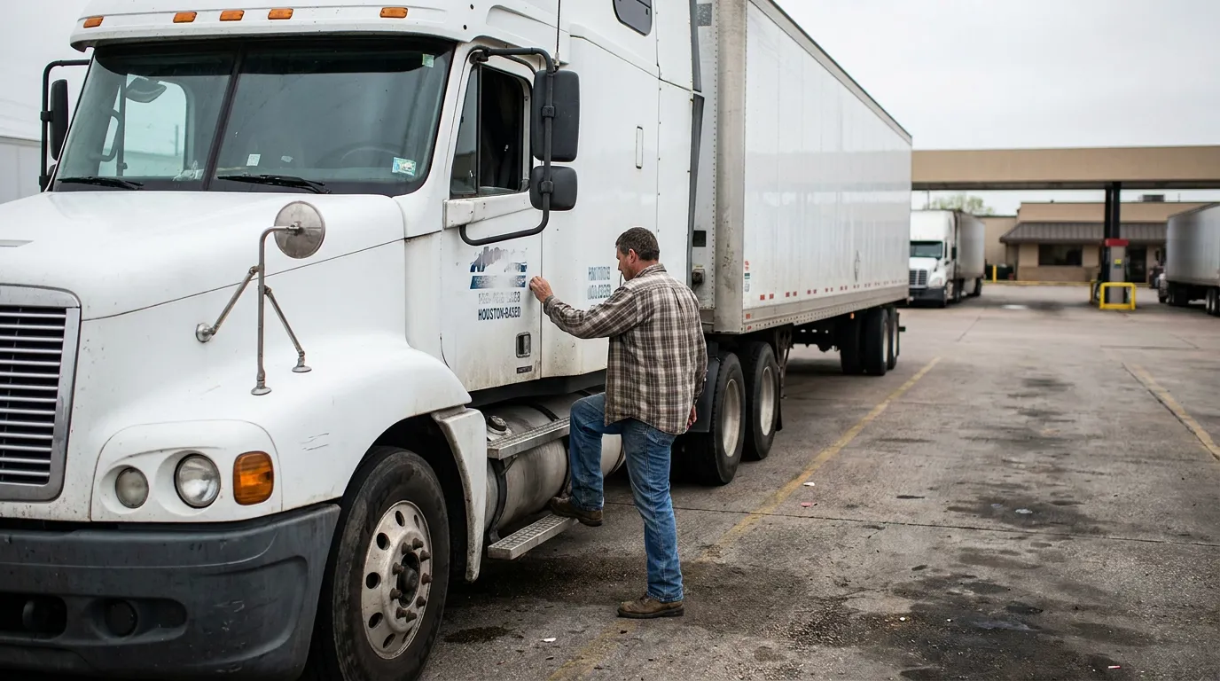 truck driver climbing into cab of Houston-based commercial semi-truck at freight facility
