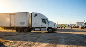 Charlotte Hit and Run Accident Lawyer - Payne Law Firm Gulf Coast Freight semi-trucks parked in lot with workers wearing safety vests