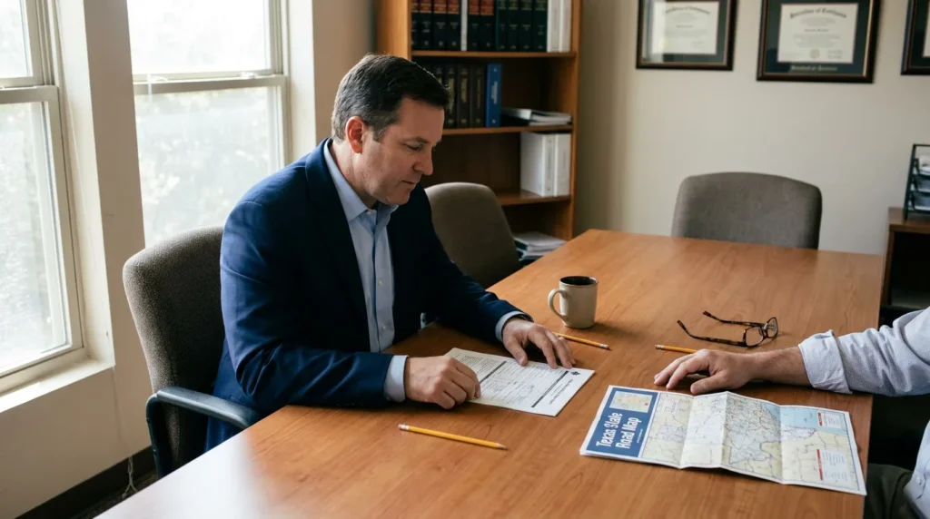 attorney reviewing document at desk beside Texas State Road Map during meeting