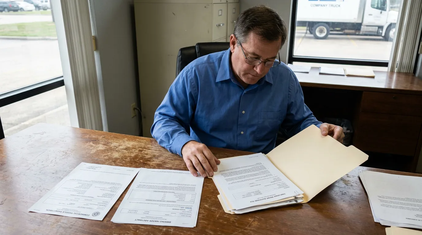 man reviewing open file folder with driving history abstract and vehicle documents on desk