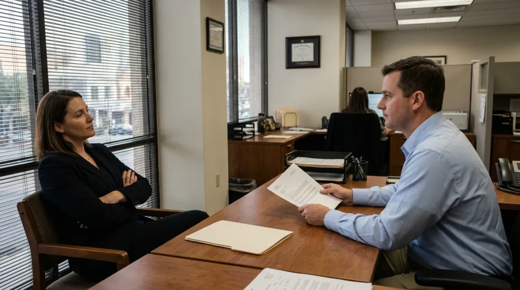 attorney holding document in consultation with client across office desk