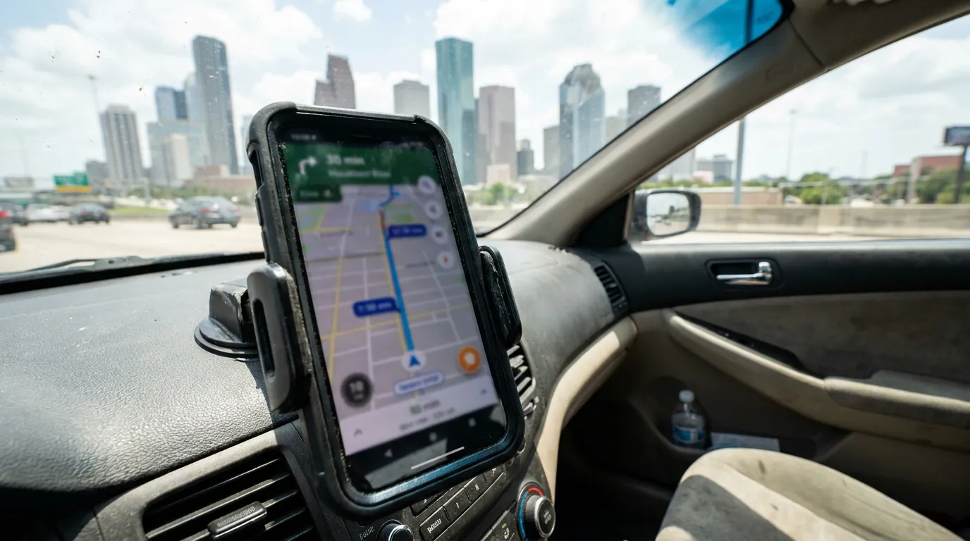 smartphone mounted on car dashboard displaying GPS navigation map app while driving
