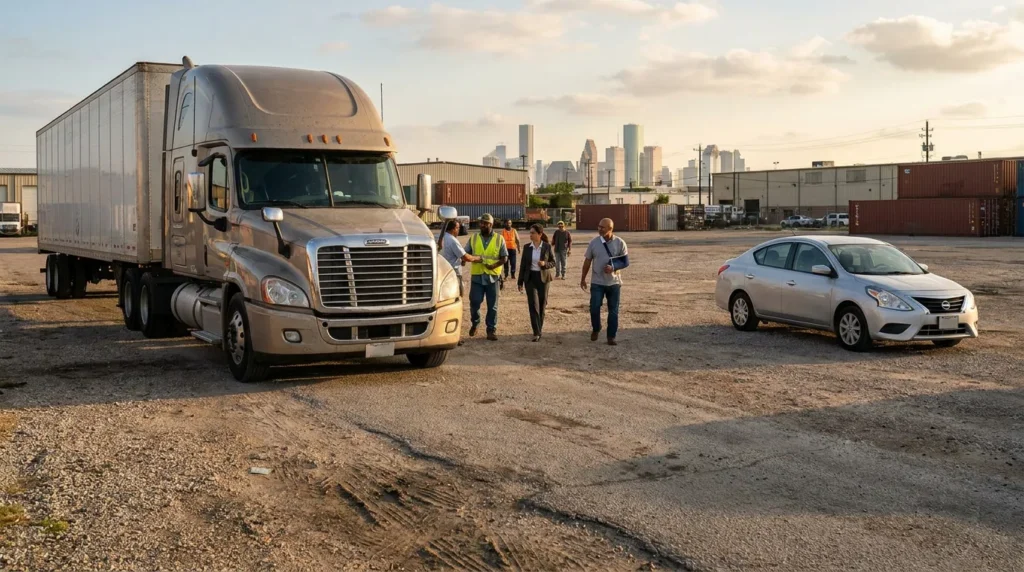 group of people near semi-truck and sedan at industrial lot with city skyline