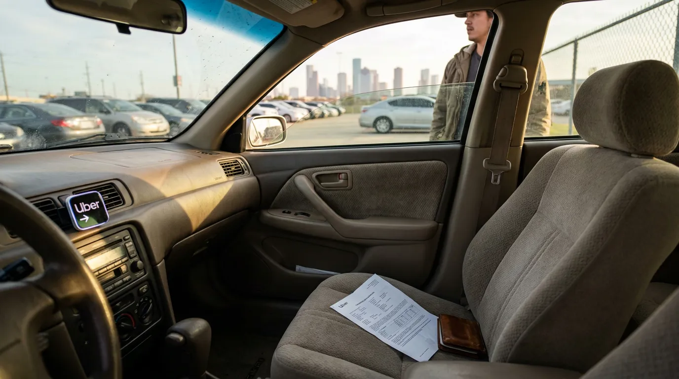 Uber rideshare vehicle interior with glowing Uber sign and document on passenger seat
