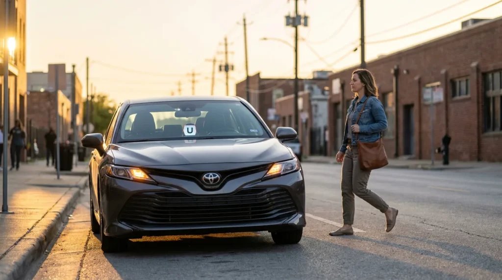 woman walking near Toyota sedan displaying Uber U logo on windshield