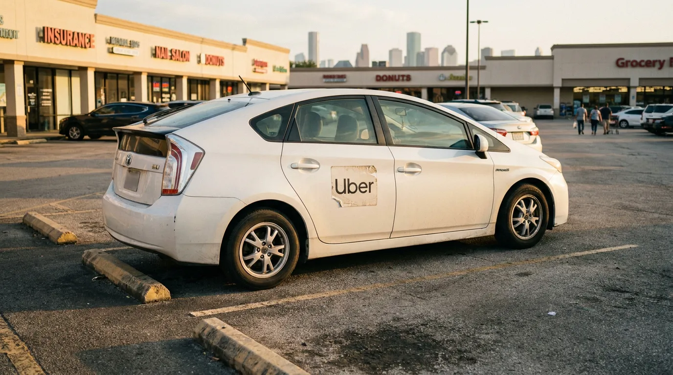 Uber-branded Toyota Prius parked in commercial strip mall parking lot