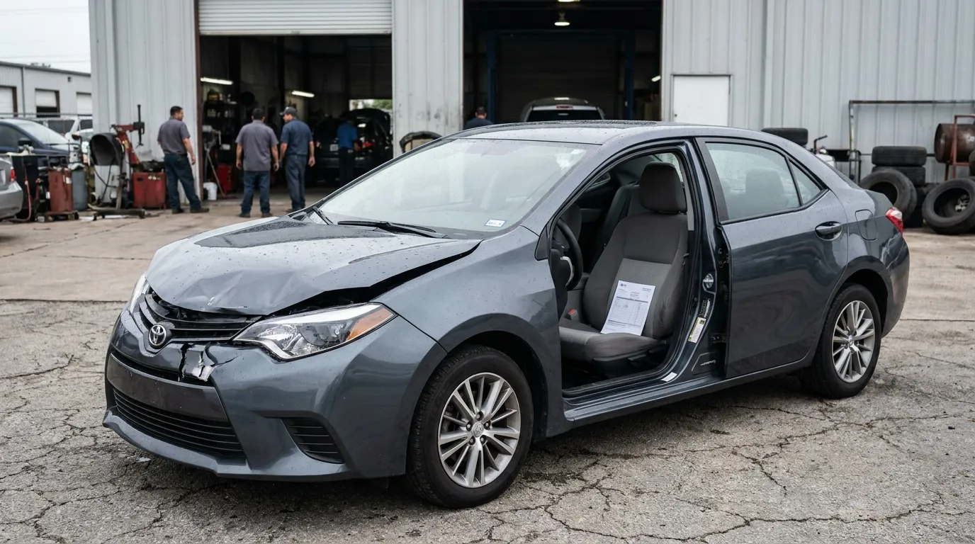 Toyota sedan with front-end collision damage parked outside auto repair shop