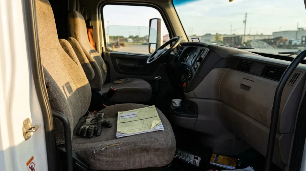 commercial truck cab interior with work gloves and inspection form on passenger seat