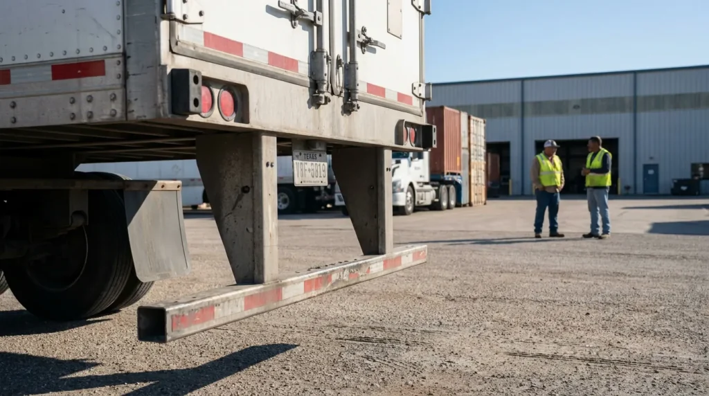 rear of parked semi-trailer with Texas license plate and two workers in safety vests nearby