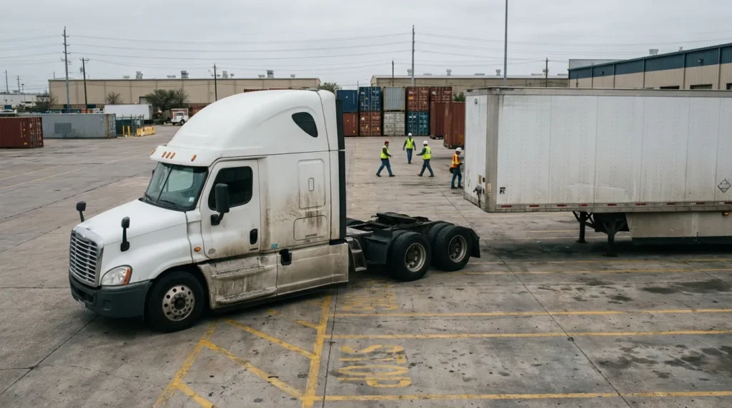 semi-truck cab parked at freight yard with workers in safety vests nearby
