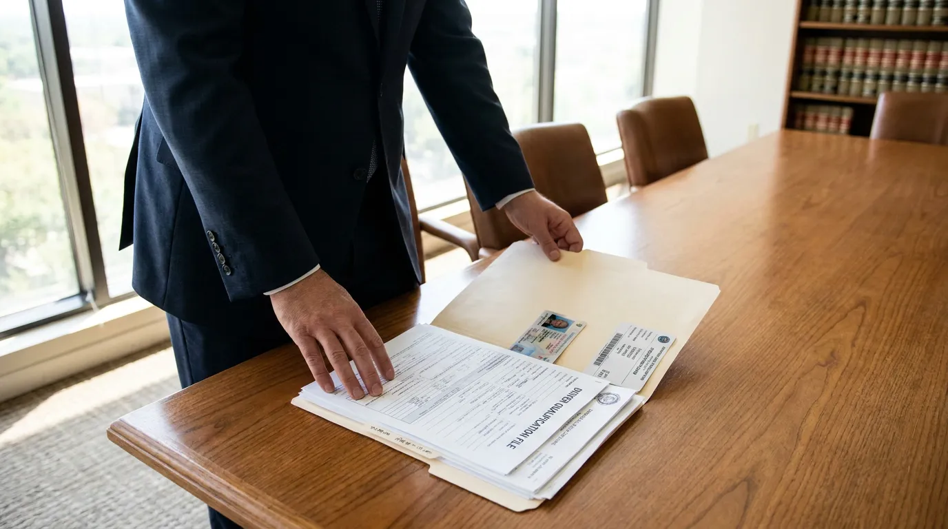 attorney opening Driver Qualification File folder with documents and ID on conference table