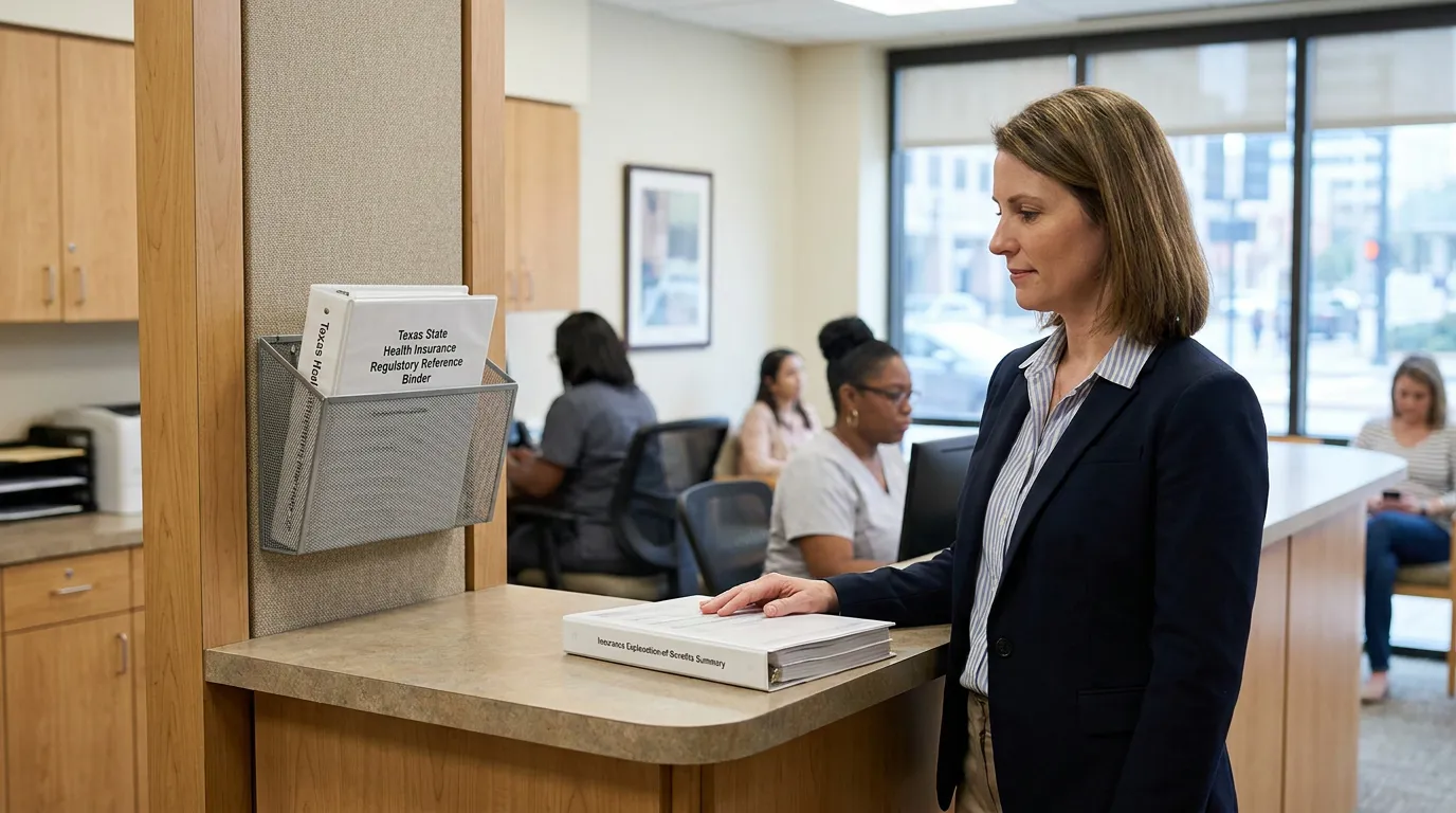 professional woman reviewing Insurance Explanation of Benefits Summary binder at office counter