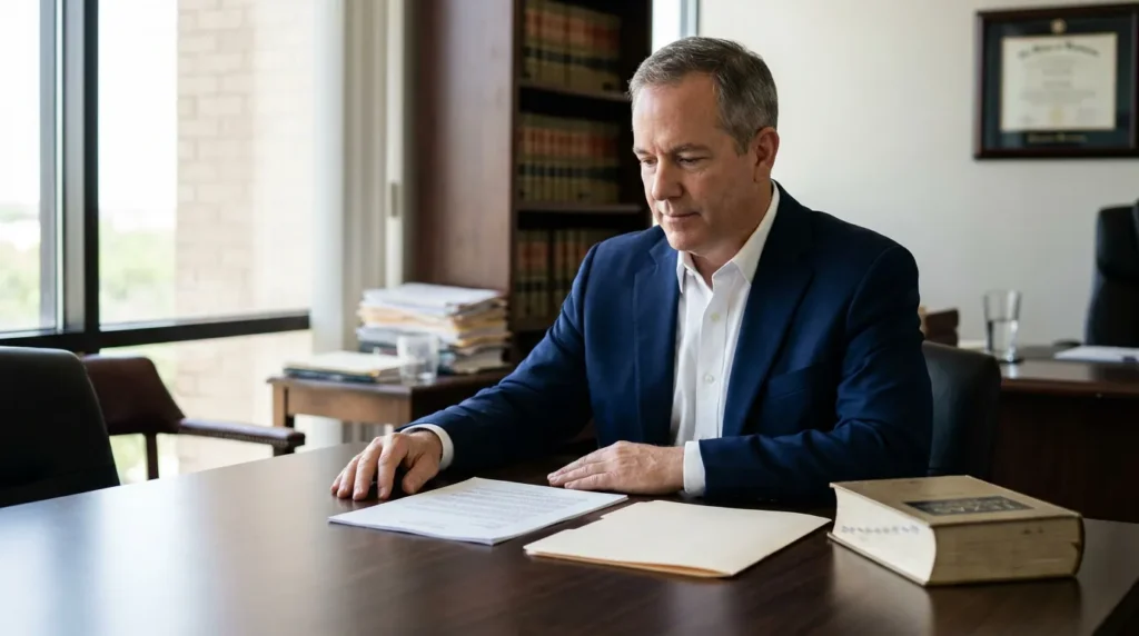 attorney seated at desk reviewing legal documents with law books nearby