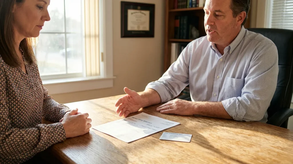 attorney explaining medical billing statement to client across office desk