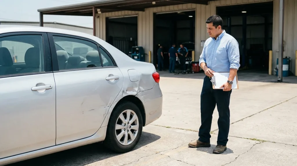 man holding clipboard inspecting sedan with visible rear panel collision damage