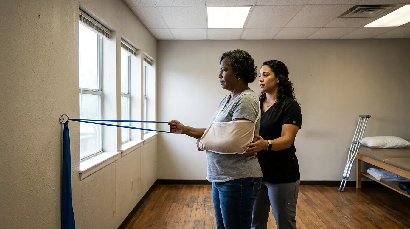 patient wearing arm sling doing resistance band exercise assisted by physical therapist
