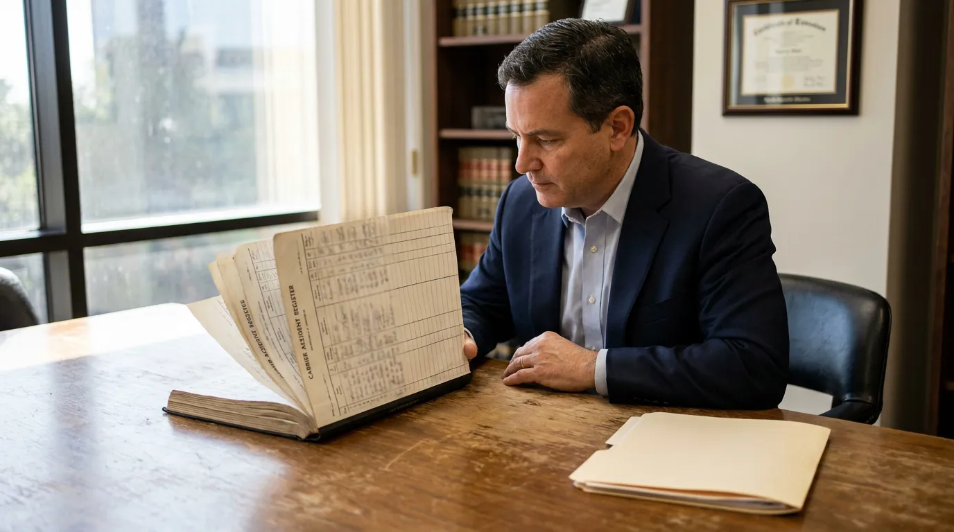 attorney reviewing open Carrier Attorney Register ledger at wooden office desk