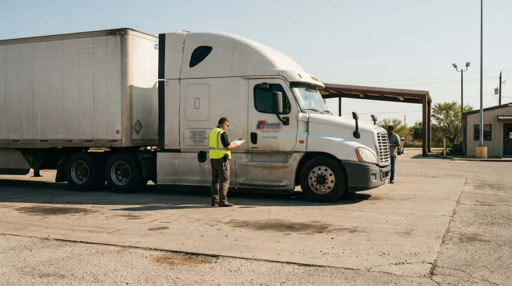 worker in safety vest holding clipboard beside commercial semi-truck at freight yard