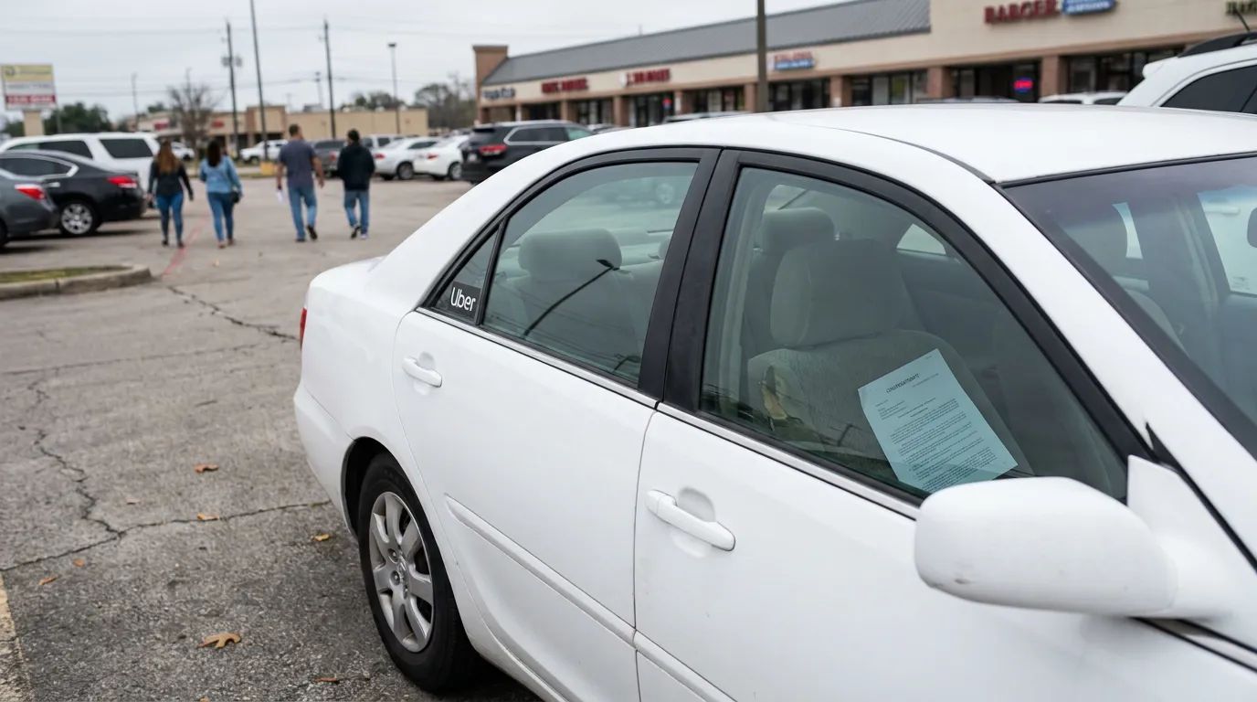Uber-labeled sedan parked in lot with legal document visible on seat