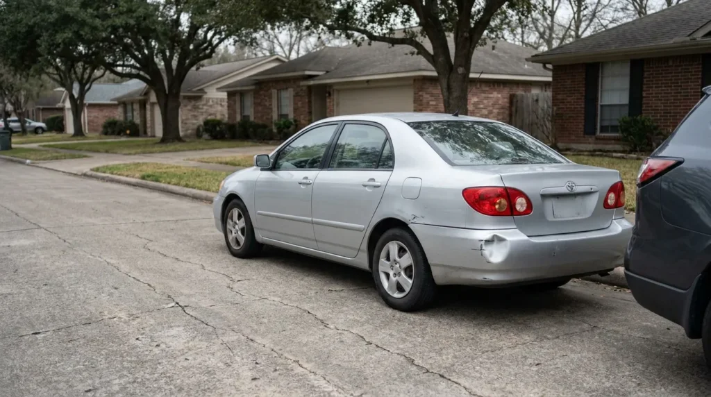 sedan with visible rear bumper dent parked on residential street near another vehicle