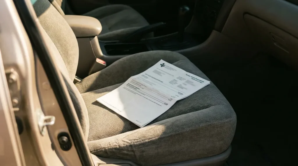 Texas Farm Insurance declaration plan document resting on vehicle passenger seat