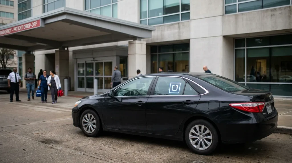 Uber vehicle with logo parked outside hospital emergency patient drop-off entrance