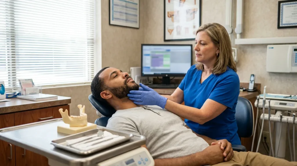 dental professional in gloves examining seated male patient jaw in clinical setting
