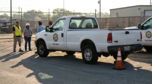 Charlotte Hit and Run Accident Lawyer - Payne Law Firm Public Works pickup truck with workers in safety vests and traffic cone nearby