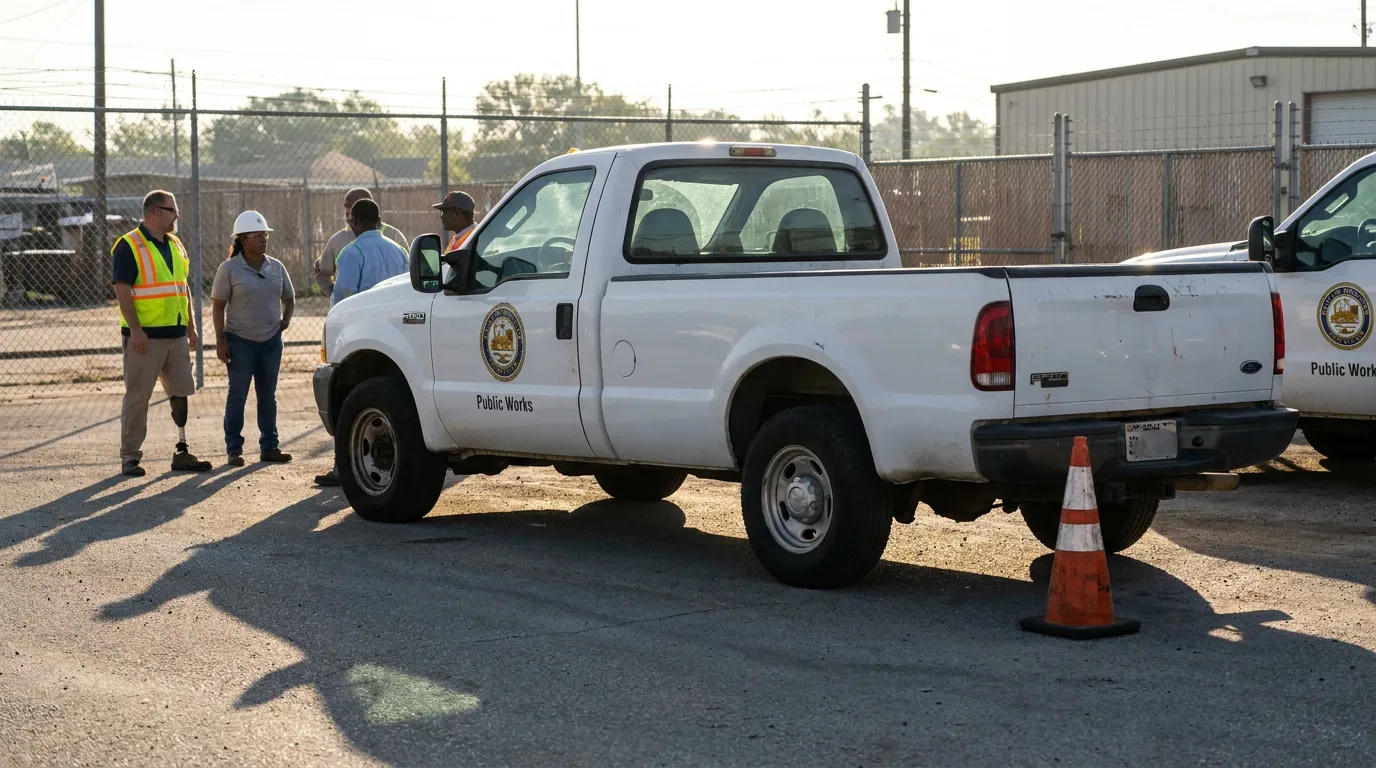 Public Works pickup truck with workers in safety vests and traffic cone nearby
