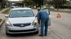 Charlotte Hit and Run Accident Lawyer - Payne Law Firm man inspecting front-end damage on Nissan sedan with warning triangle on roadside