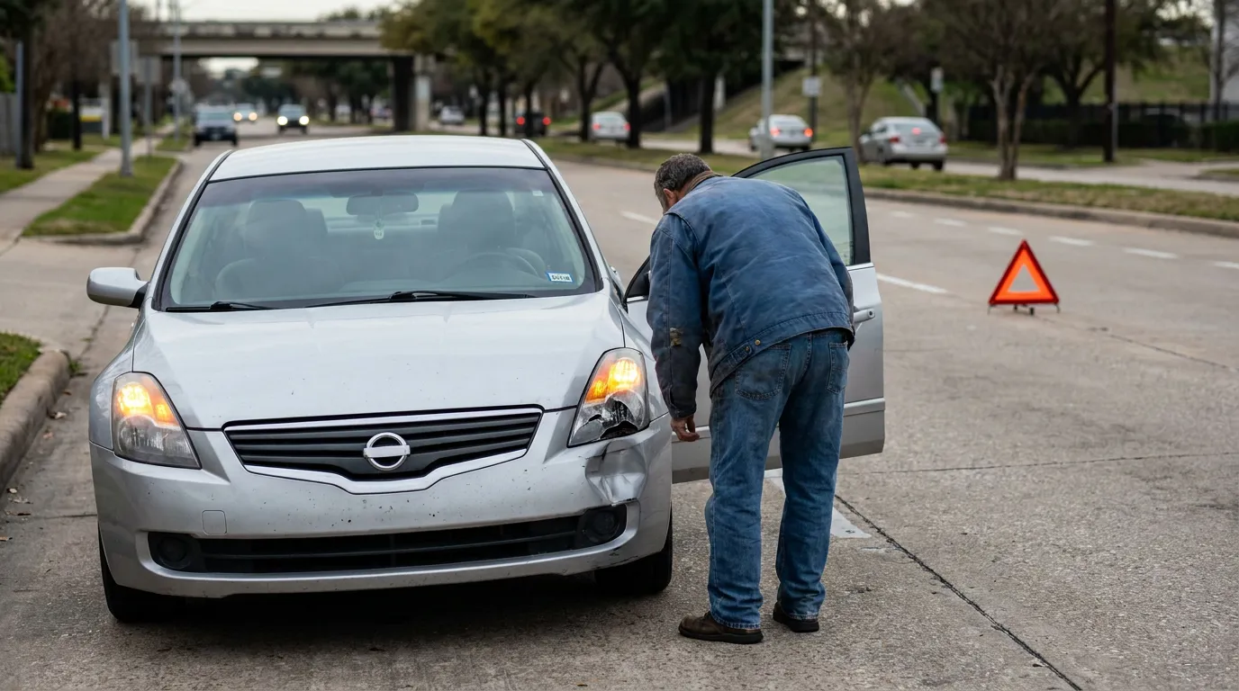 man inspecting front-end damage on Nissan sedan with warning triangle on roadside