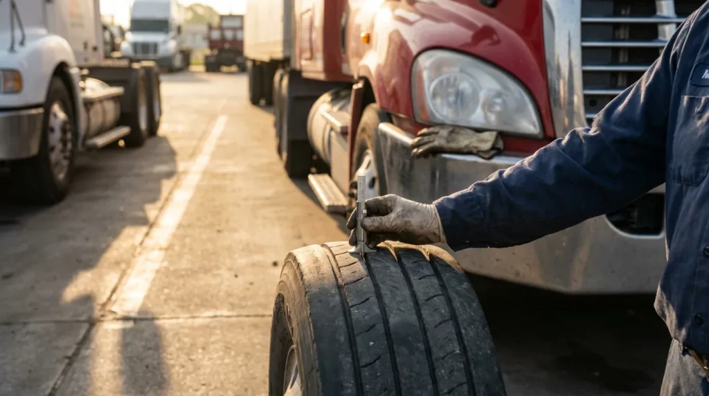 mechanic using tread depth gauge to inspect commercial semi-truck tire