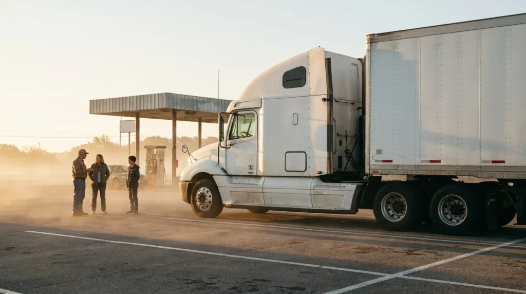 three people standing beside parked semi-truck at roadside gas station
