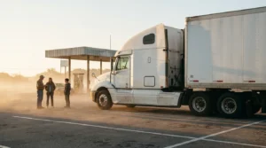 Charlotte Hit and Run Accident Lawyer - Payne Law Firm three people standing beside parked semi-truck at roadside gas station