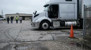four workers walking toward parked semi-truck with open cab door and traffic cone